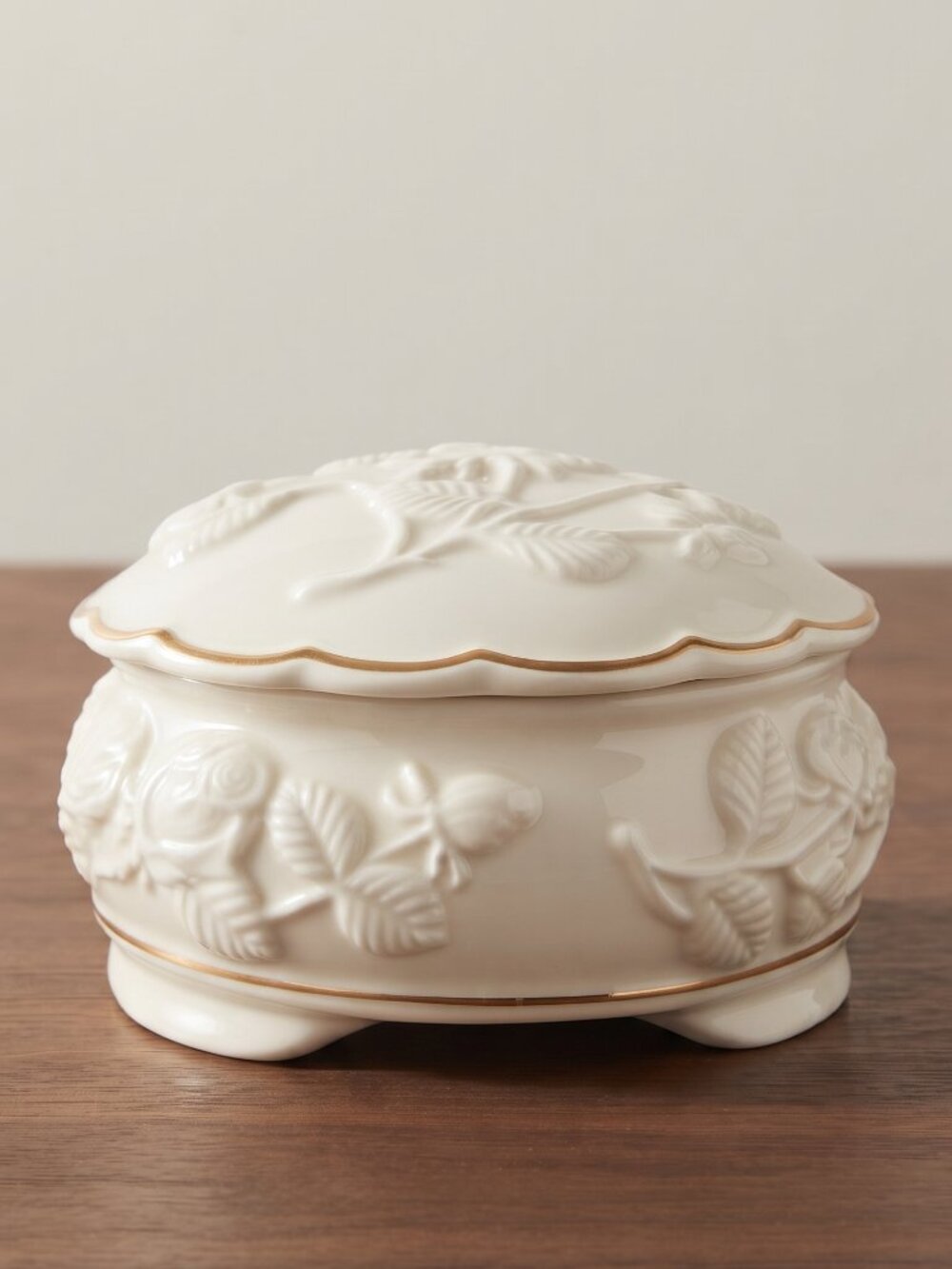 Vintage Ivory China Embossed Rose Gold Trim Footed Jewelry Trinket Box